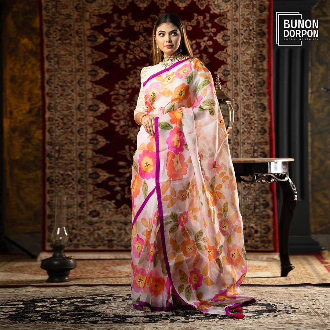 Pink Peony Opulent Floral Hand Painted Silk Saree